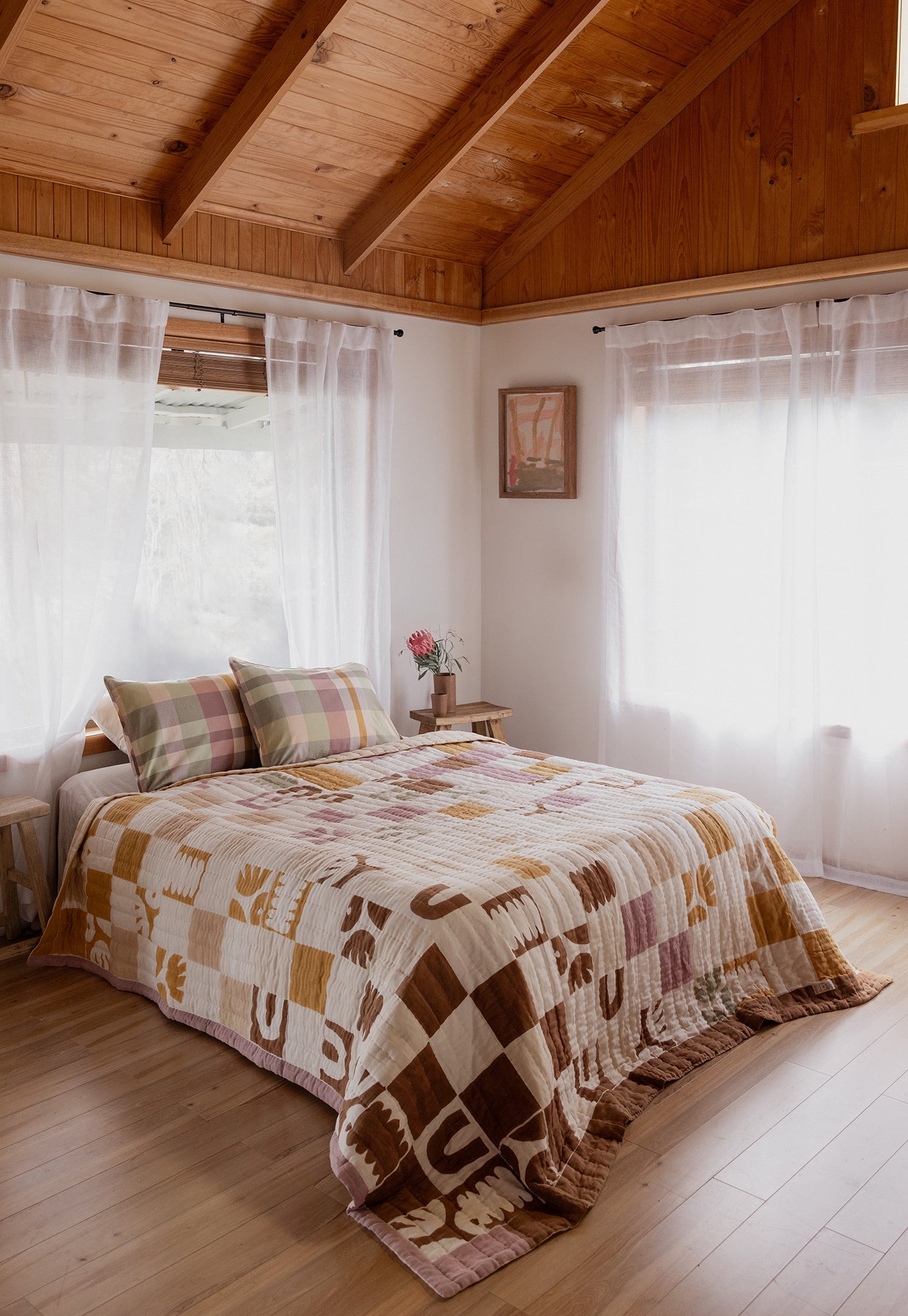 Checkerboard Linen Kantha Quilt