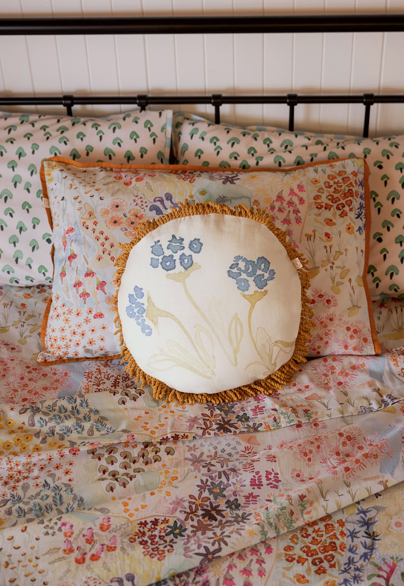 Blue Floral Linen Round Cushion