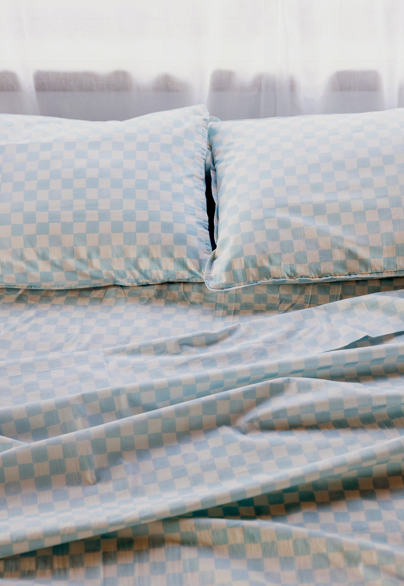 Dusty Aqua Checkerboard Organic Cotton Fitted Sheet