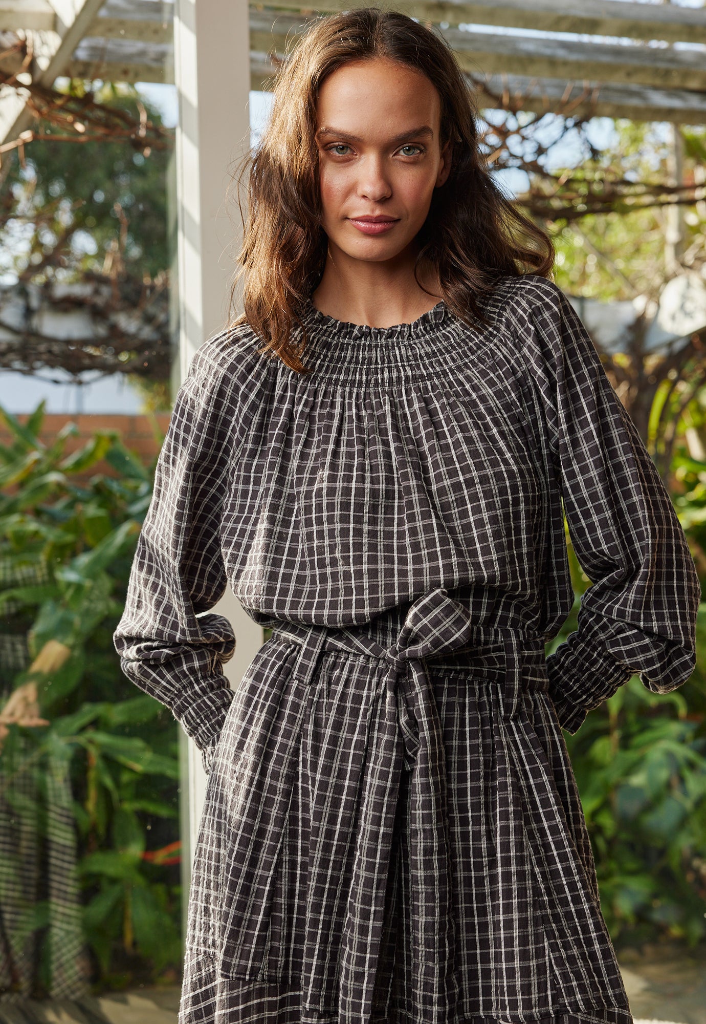 Rowena Shirred Blouse - Smoky Check