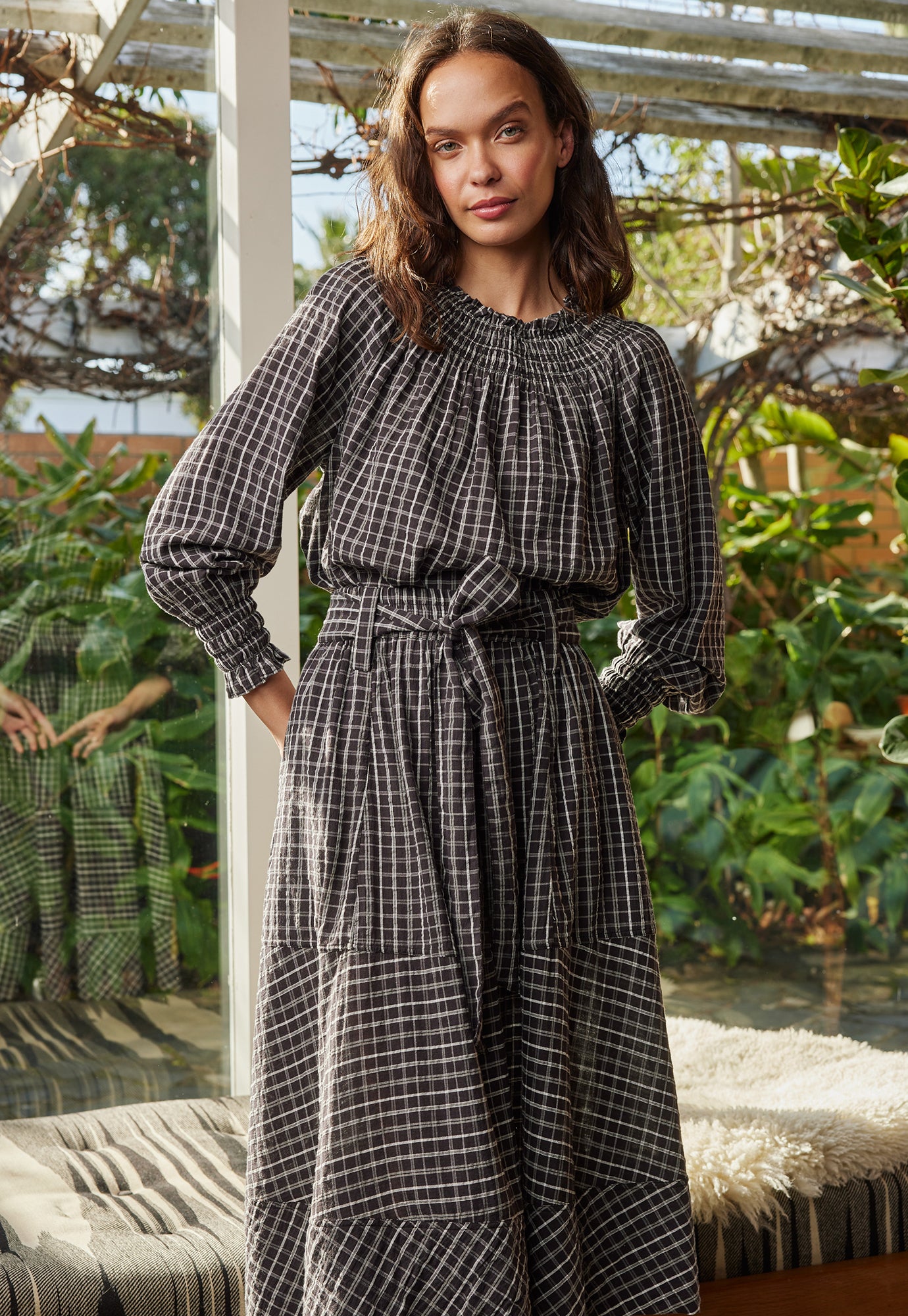 Rowena Shirred Blouse - Smoky Check