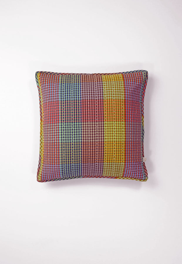 Handwoven Cotton Kantha Cushion Cover - Multi Plaid