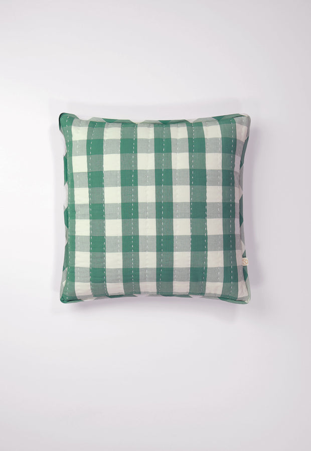 Handwoven Cotton Kantha Cushion Cover - Green Check