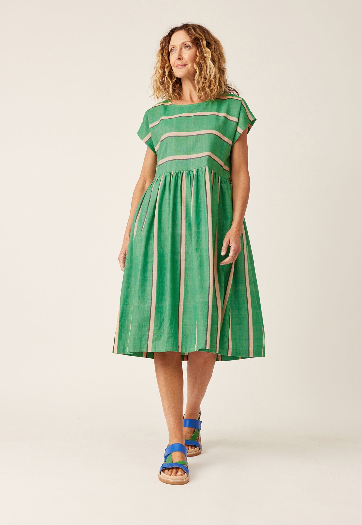 Tathra Woven Dress - Green Wide Stripe