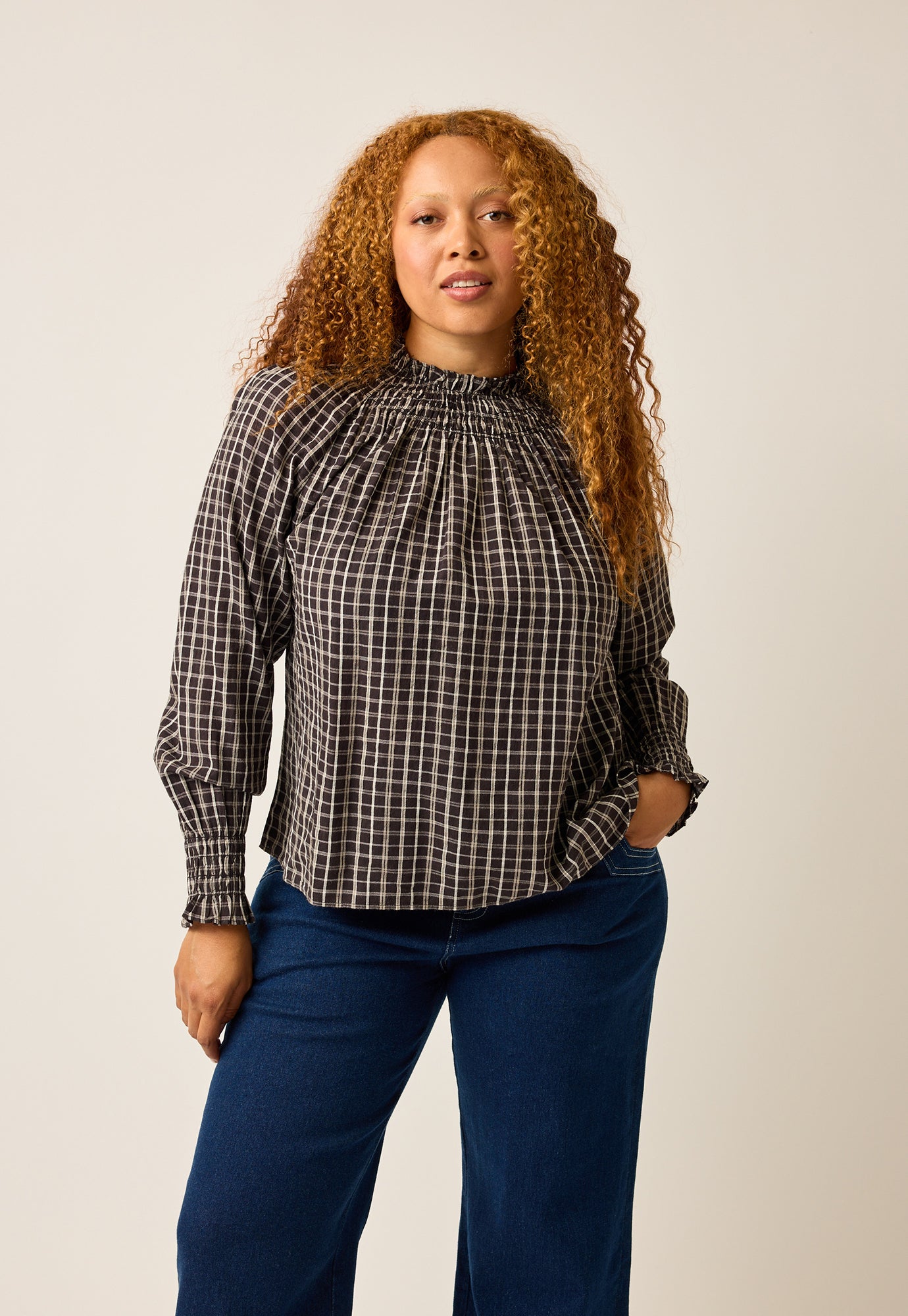 Rowena Shirred Blouse - Smoky Check