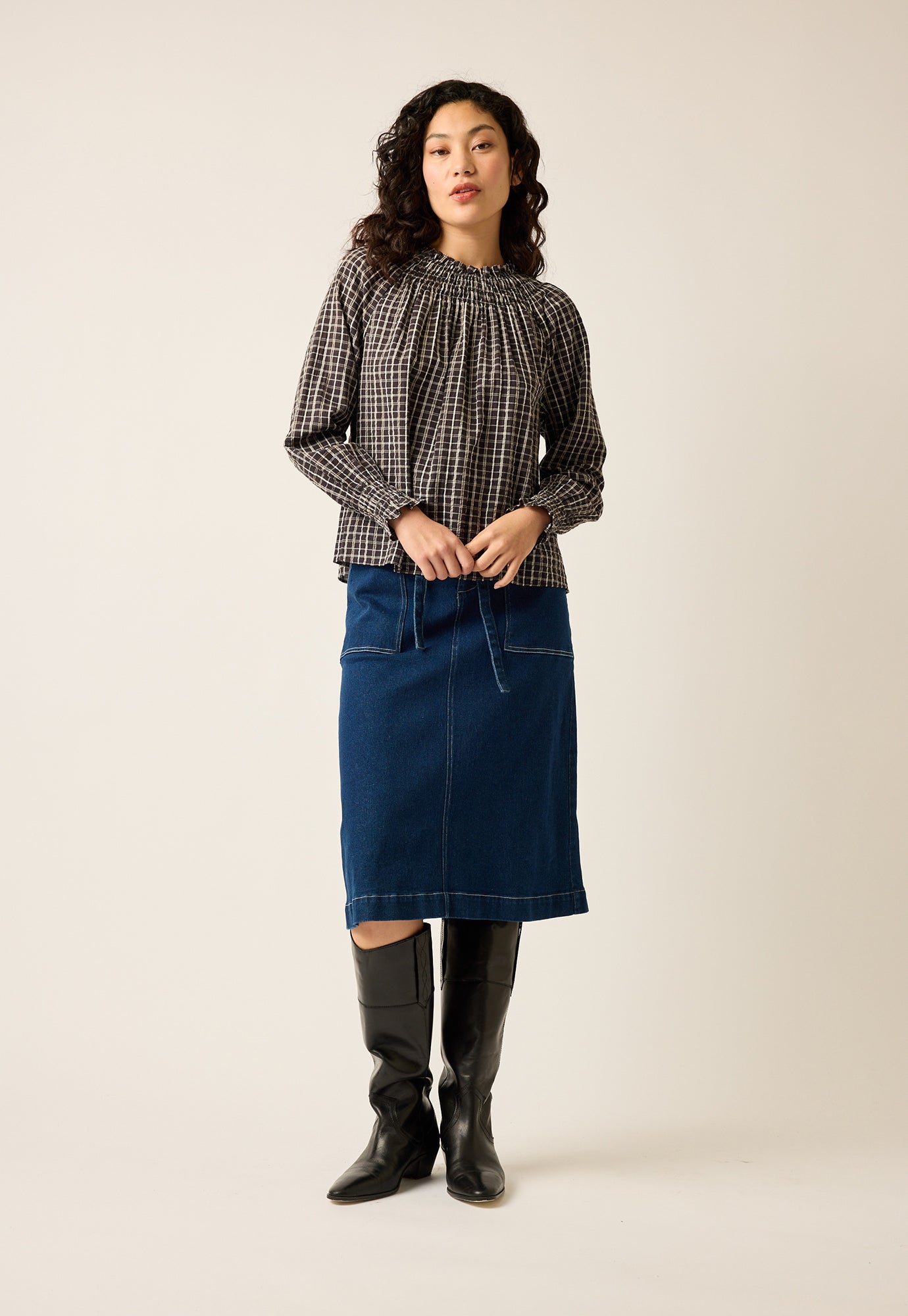 Rowena Shirred Blouse - Smoky Check