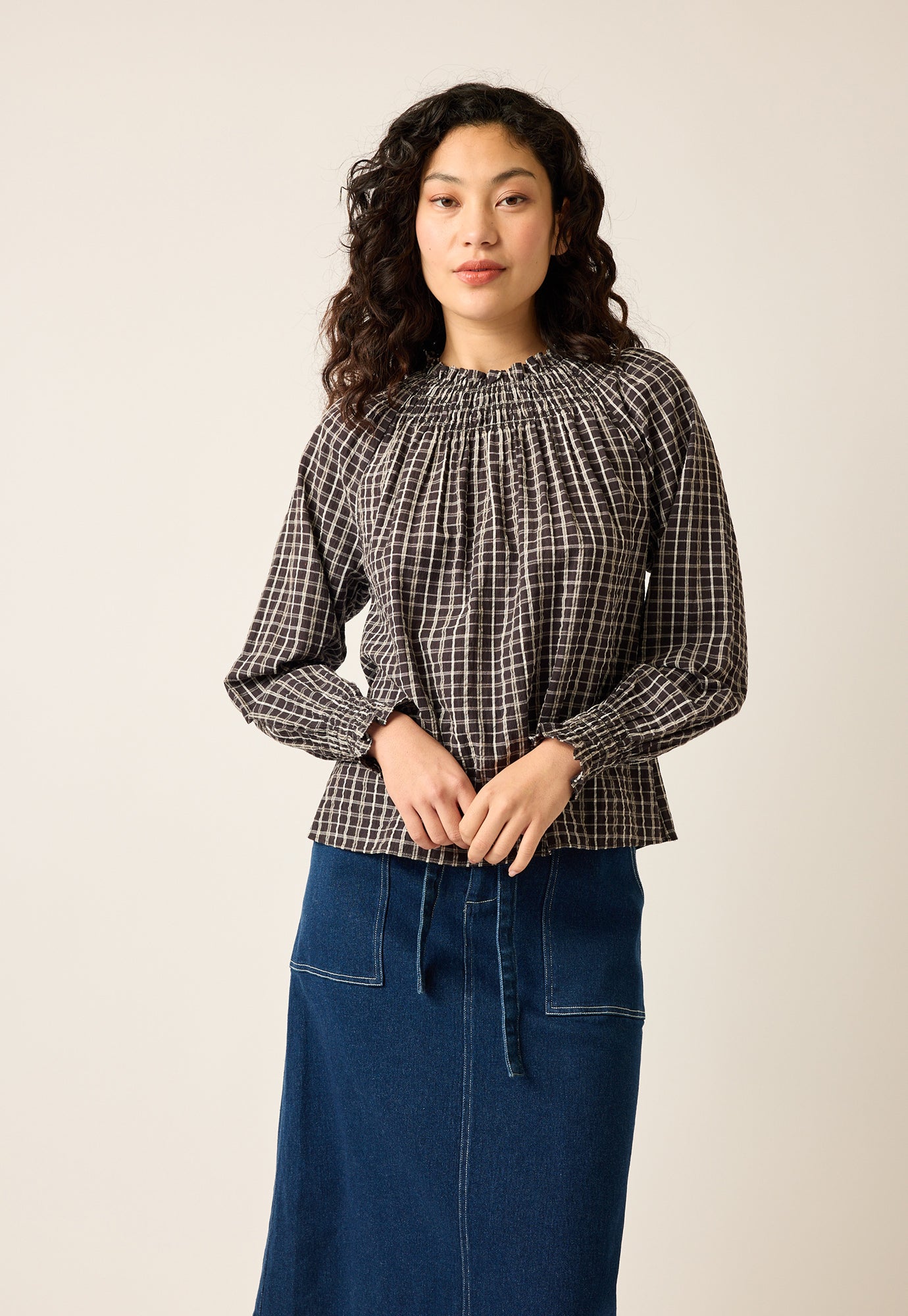 Rowena Shirred Blouse - Smoky Check