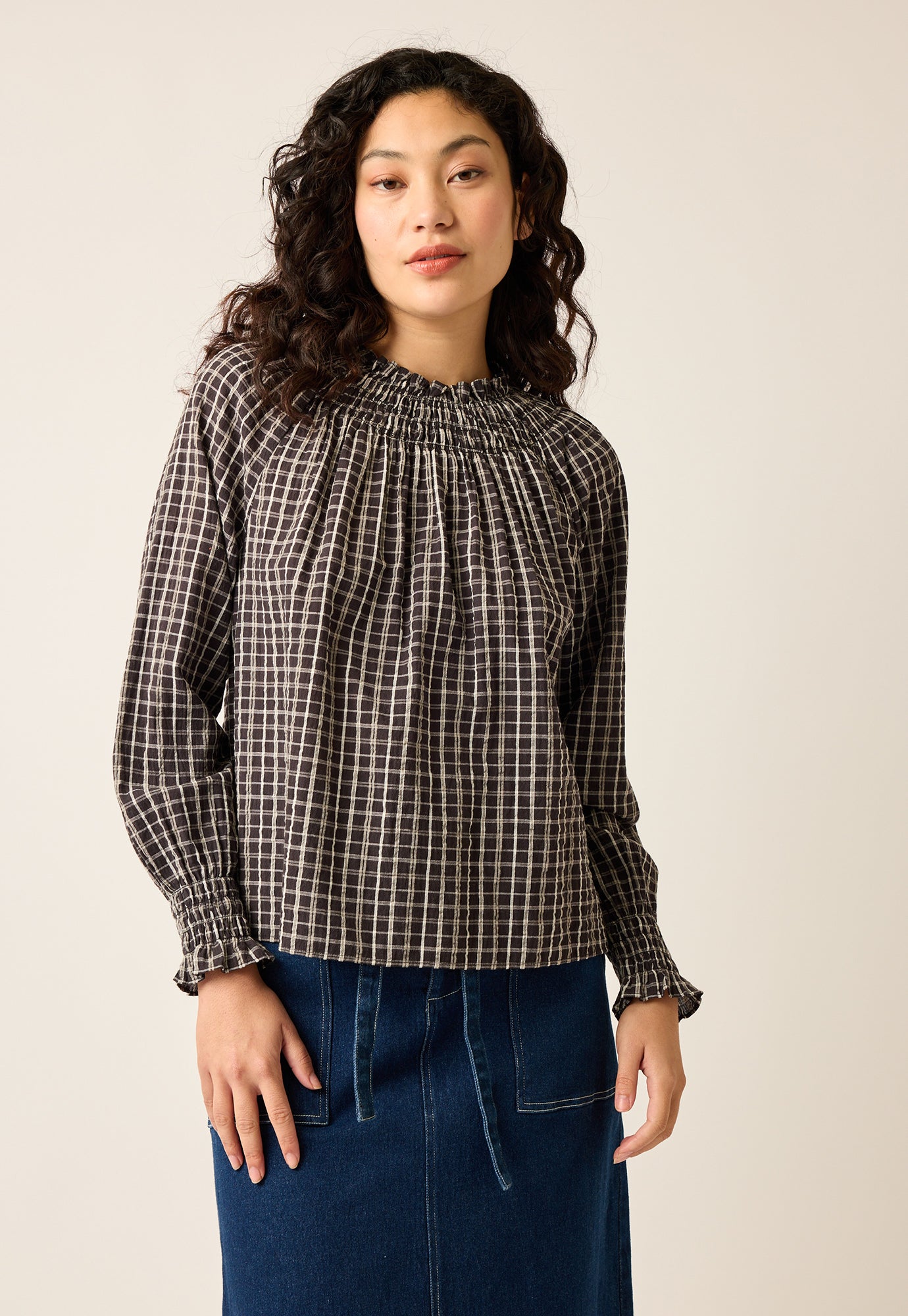 Rowena Shirred Blouse - Smoky Check