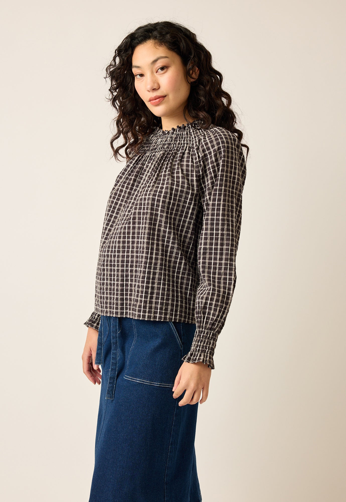 Rowena Shirred Blouse - Smoky Check