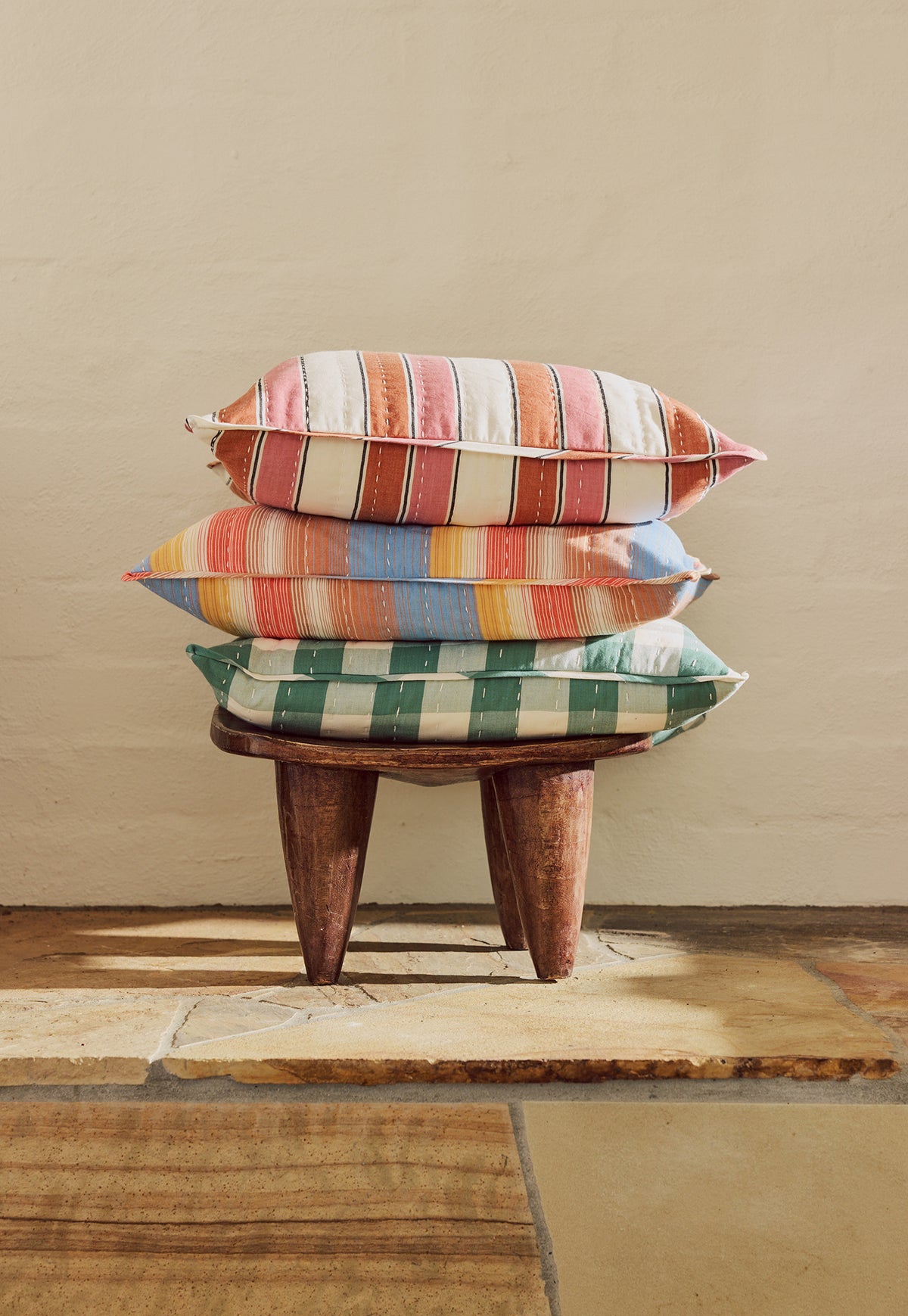 Handwoven Cotton Kantha Cushion Cover - Woven Stripe