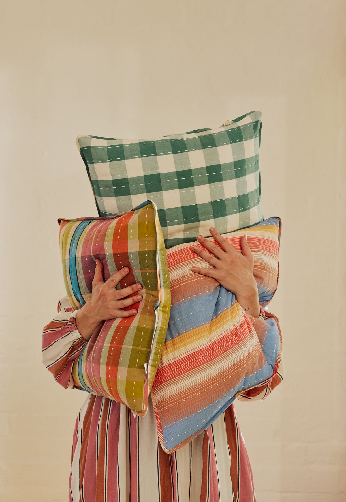 Handwoven Cotton Kantha Cushion Cover - Earth Stripe