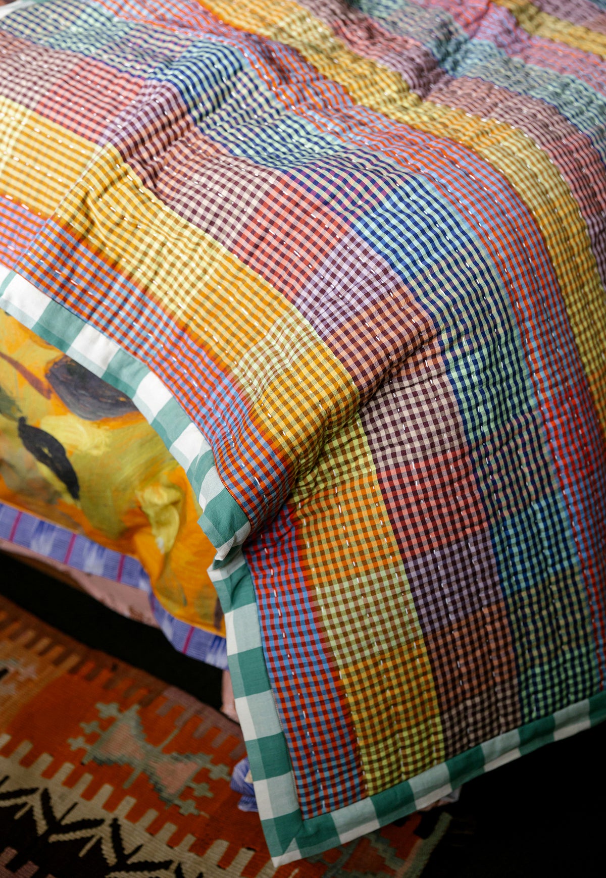 Handwoven Cotton Kantha Quilt - Multi Plaid