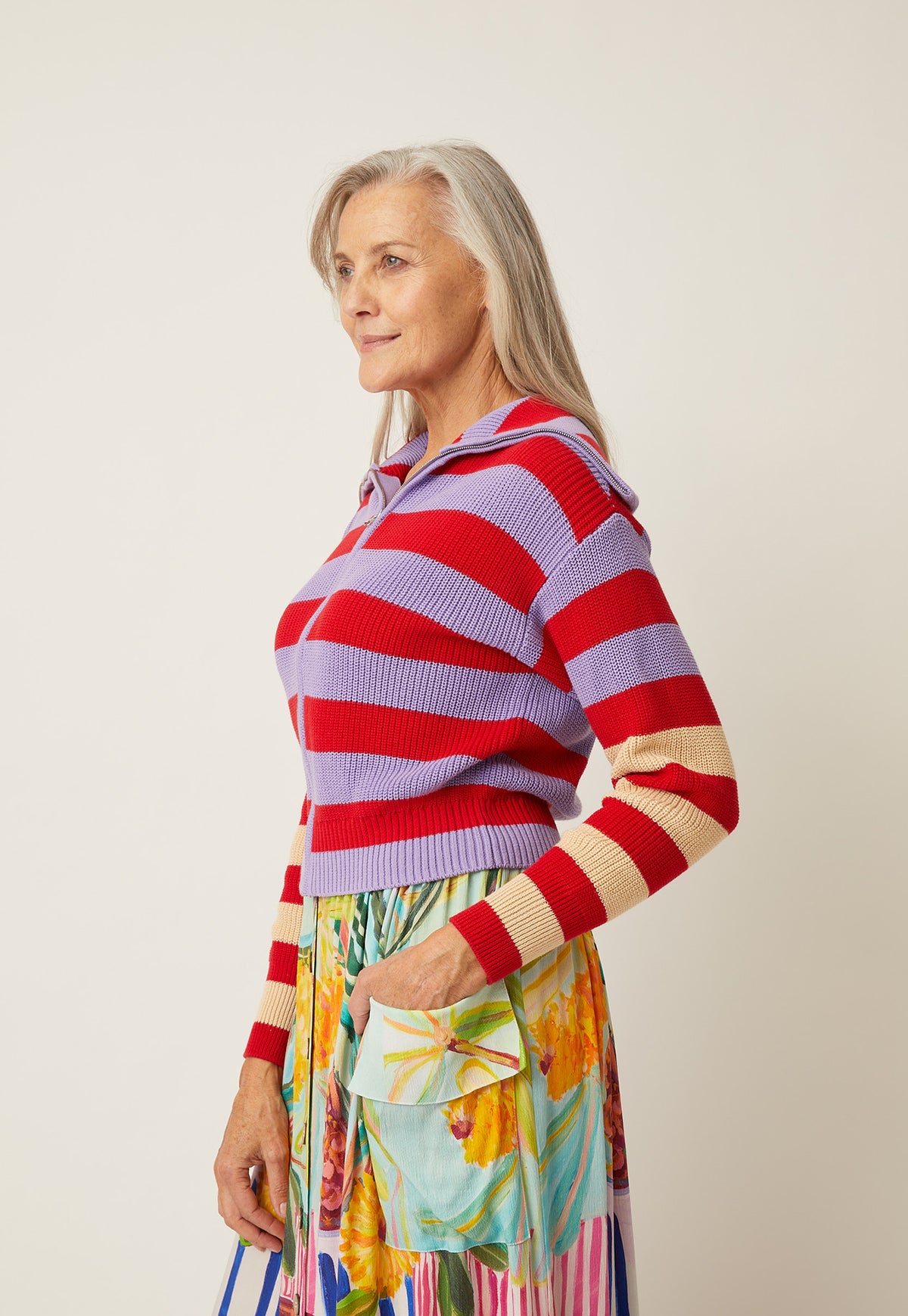Yasmin Zipper Knit - Chilli Stripe